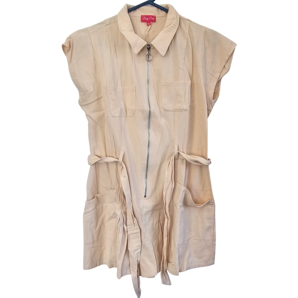 Baby Phat Beige Utility Zip Front Romper Short Sleeve Tie Waist Tan Large